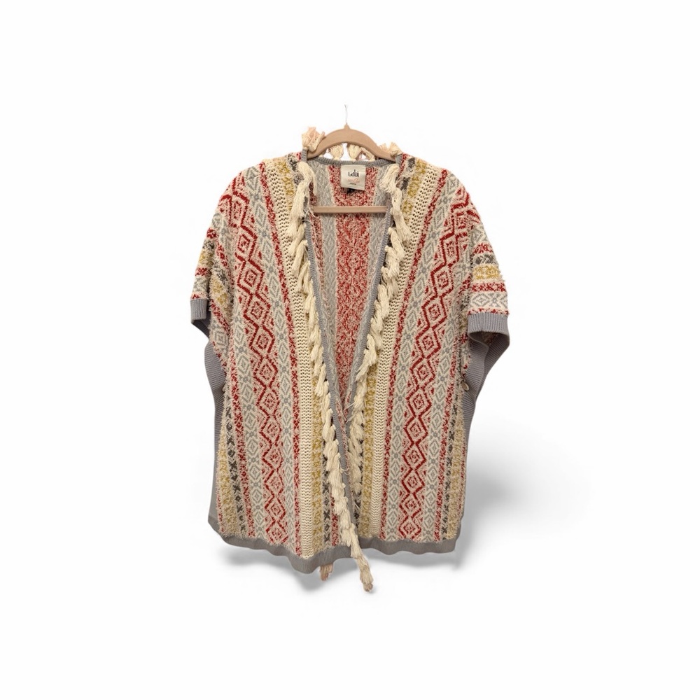 CAbi Boho Aztec Knit Poncho Cardigan Fringe Open Front